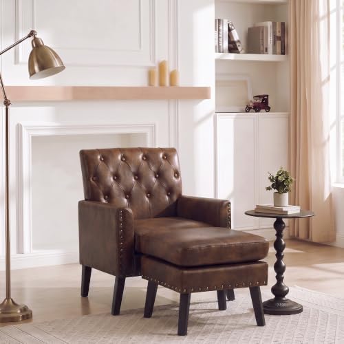 Mid Century Modern Accent Chair Ottoman, Dark Brown Faux Leather Office Chair with Foot Stool for Reception