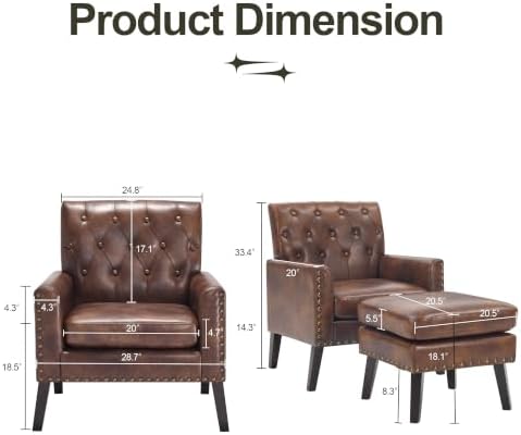 Mid Century Modern Accent Chair Ottoman, Dark Brown Faux Leather Office Chair with Foot Stool for Reception, alternate view 2