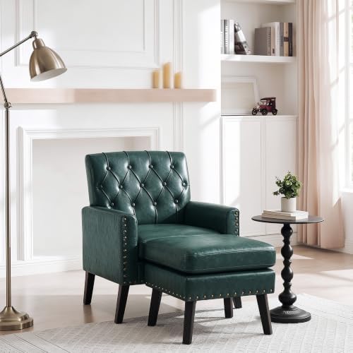 Mid Century Modern Accent Chair Ottoman, Forest Green Faux Leather Office Chair with Foot Stool for Reception