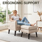 Mid Century Modern Accent Chair Ottoman, Ivory White Faux Leather Office Chair with Foot Stool for Reception, alternate view