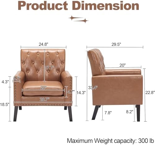 Mid Century Modern Accent Chair Set of 2, Light Brown Faux Leather Office Chair for Reception - Tufted Leather, alternate