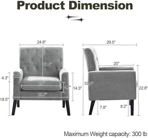 Mid Century Modern Accent Chairs, Grey Chenille Office Chair for Reception - Tufted Upholstered Club Chair for, alternate