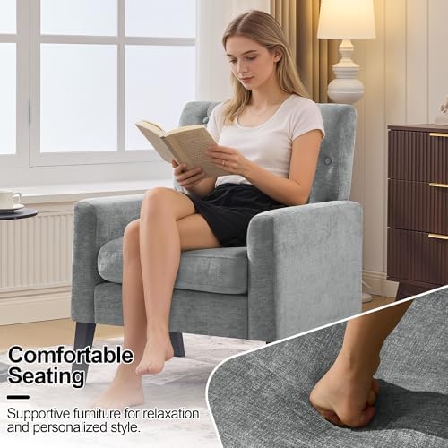Mid Century Modern Accent Chairs, Grey Chenille Office Chair for Reception - Tufted Upholstered Club Chair for, alternate