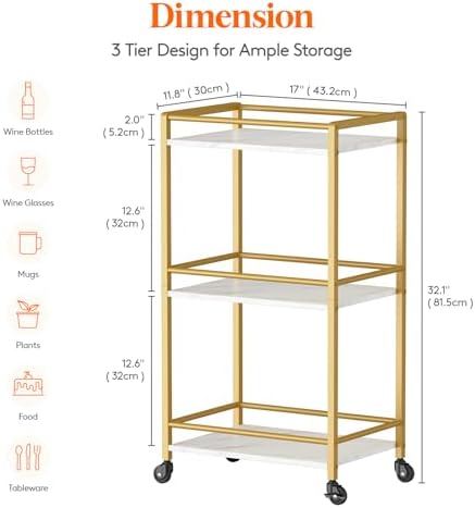 Mini 3 Tier Rolling Bar Cart with Lockable Wheels, Gold in Gold, alternate view 3