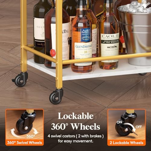 Mini 3 Tier Rolling Bar Cart with Lockable Wheels, Gold in Gold, alternate view 4