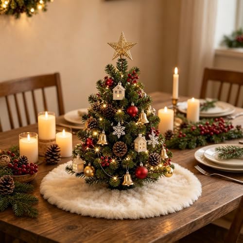 Mini Christmas Tree Skirt, 12 Inch White Soft Faux Fur Tree Skirts Plush Christmas Decorations, White Ornaments, alternate