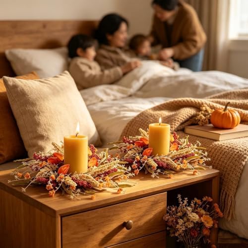 Mini Fall Wreath Set of 4, Artificial Small Autumn Wreaths with Physalis, Grain, Leaves and Burlap Bow, Harvest, alternate