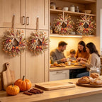 Mini Fall Wreath Set of 4, Artificial Small Autumn Wreaths with Physalis, Grain, Leaves and Burlap Bow, Harvest, alternate