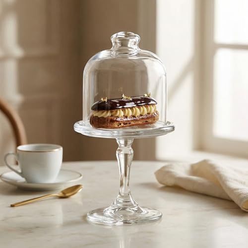 Mini Glass Cake Stand with Dome Lid - Small Pedestal Dessert Stand with Cover, Clear Glass Cupcake & Cookie, alternate view 2