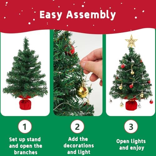 Mini Tabletop Christmas Tree with 30 LED String Lights, Star Top, Perfect for DIY Decoration 2ft, alternate view 4