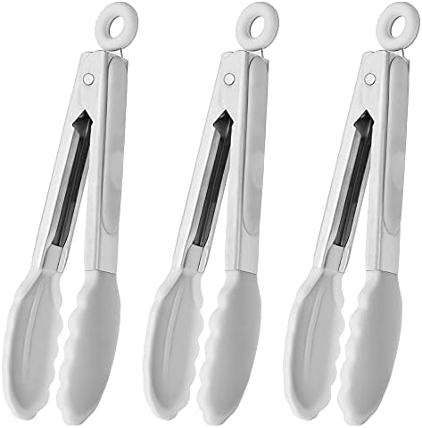 Mini Tongs with Silicone Tips 7-Inch Serving Tongs, Set of 3 (White) in White