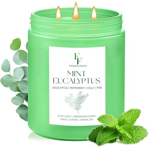 Mint Eucalyptus Large Scented Candle, 3-Wick 22oz Long Lasting Scented Candle, Natural Soy Wax Aromatherapy