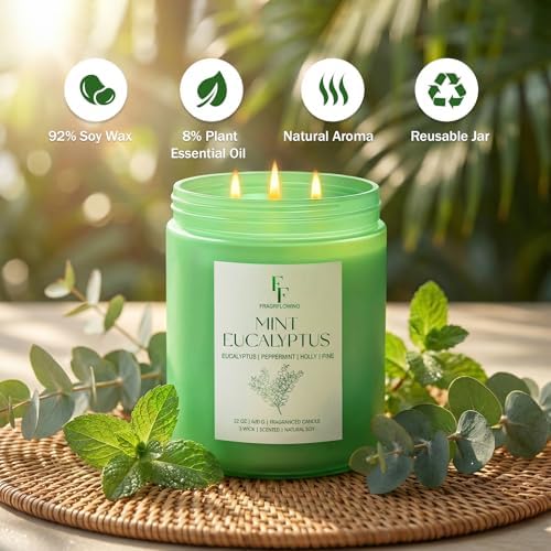 Mint Eucalyptus Large Scented Candle, 3-Wick 22oz Long Lasting Scented Candle, Natural Soy Wax Aromatherapy, alternate view 2