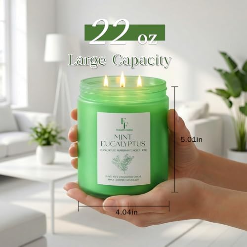 Mint Eucalyptus Large Scented Candle, 3-Wick 22oz Long Lasting Scented Candle, Natural Soy Wax Aromatherapy, alternate view 4