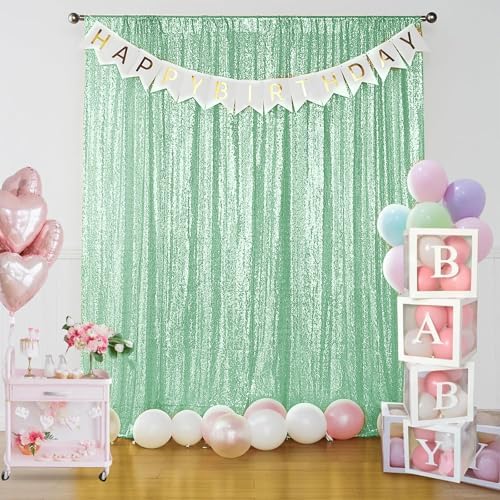 Mint Green Sequin Backdrop Curtain 6 Panels 2FTx8FT Glitter Mint Green Background Drapes Sparkle Photography, alternate view