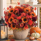 Mixed 10 Pcs Fall Artificial Sunflower Peony Bouquet, Burnt Orange Burgundy Silk Faux Flower, Autumn Faux Floral