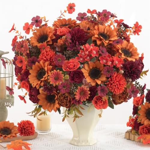 Mixed 10 Pcs Fall Artificial Sunflower Peony Bouquet, Burnt Orange Burgundy Silk Faux Flower, Autumn Faux Floral, alternate