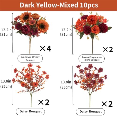 Mixed 10 Pcs Fall Artificial Sunflower Peony Bouquet, Burnt Orange Burgundy Silk Faux Flower, Autumn Faux Floral, alternate