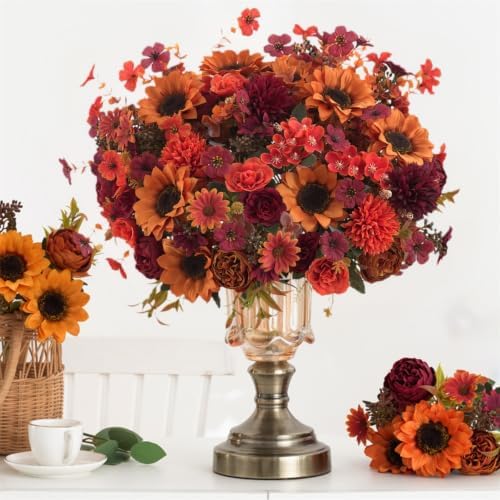 Mixed 10 Pcs Fall Artificial Sunflower Peony Bouquet, Burnt Orange Burgundy Silk Faux Flower, Autumn Faux Floral, alternate