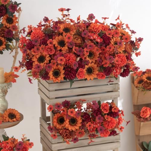 Mixed 10 Pcs Fall Artificial Sunflower Peony Bouquet, Burnt Orange Burgundy Silk Faux Flower, Autumn Faux Floral, alternate