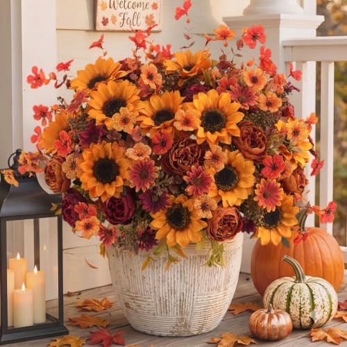 Mixed 10 Pcs Fall Artificial Sunflower Peony Bouquet, Yellow Burgundy Silk Faux Flower, Autumn Faux Floral