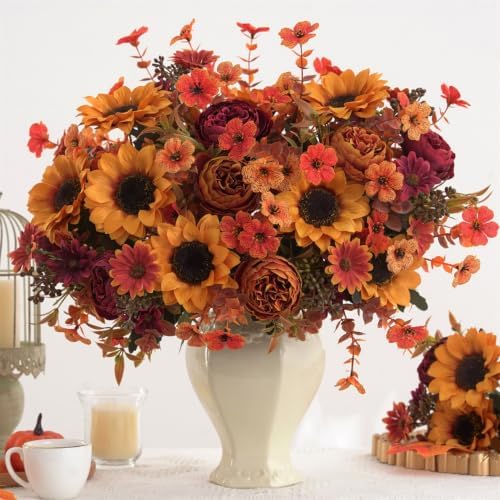 Mixed 10 Pcs Fall Artificial Sunflower Peony Bouquet, Yellow Burgundy Silk Faux Flower, Autumn Faux Floral, alternate view 2