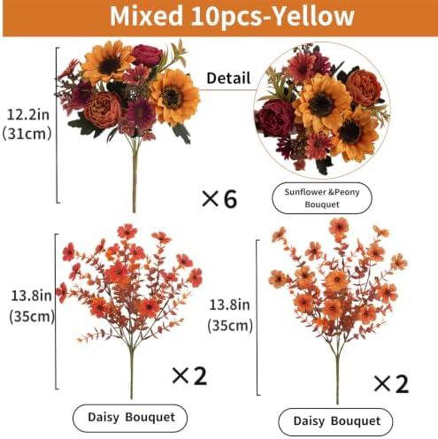 Mixed 10 Pcs Fall Artificial Sunflower Peony Bouquet, Yellow Burgundy Silk Faux Flower, Autumn Faux Floral, alternate view 3