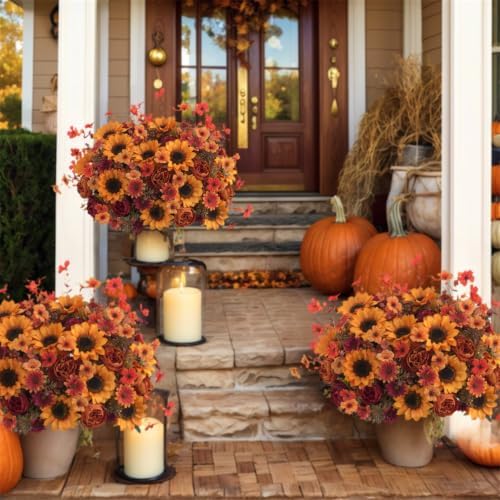 Mixed 10 Pcs Fall Artificial Sunflower Peony Bouquet, Yellow Burgundy Silk Faux Flower, Autumn Faux Floral, alternate view 5