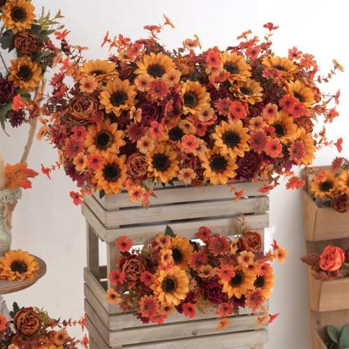 Mixed 10 Pcs Fall Artificial Sunflower Peony Bouquet, Yellow Burgundy Silk Faux Flower, Autumn Faux Floral, alternate view 6