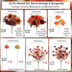 Mixed 12 Pcs Fall Artificial Flowers, Sunflower Peony Bouquet with Maple Leaves Pumpkins, Autumn Faux Floral, alternate view