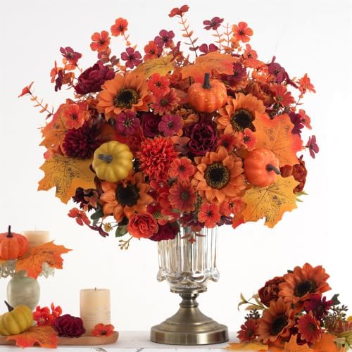Mixed 12 Pcs Fall Artificial Flowers, Sunflower Peony Bouquet with Maple Leaves Pumpkins, Autumn Faux Floral, alternate view