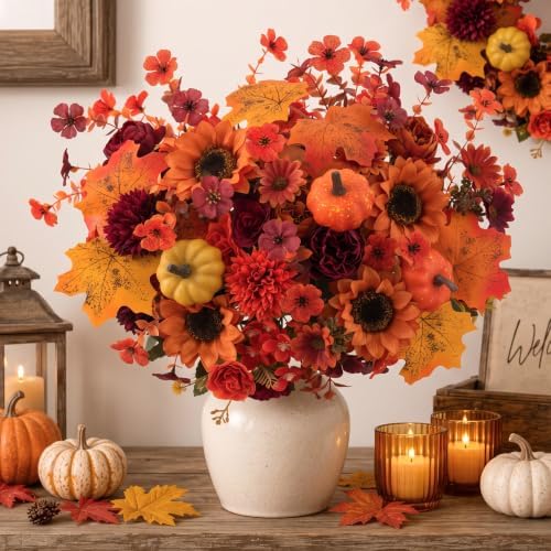 Mixed 12 Pcs Fall Artificial Flowers, Sunflower Peony Bouquet with Maple Leaves Pumpkins, Autumn Faux Floral, alternate view