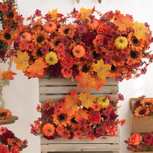 Mixed 12 Pcs Fall Artificial Flowers, Sunflower Peony Bouquet with Maple Leaves Pumpkins, Autumn Faux Floral, alternate view