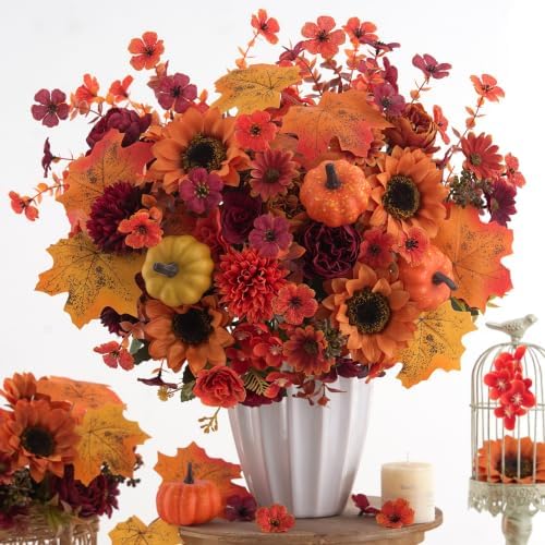 Mixed 12 Pcs Fall Artificial Flowers, Sunflower Peony Bouquet with Maple Leaves Pumpkins, Autumn Faux Floral, alternate view