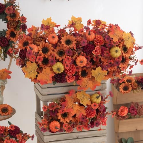 Mixed 12 Pcs Fall Artificial Flowers, Sunflower Peony Bouquet with Maple Leaves Pumpkins, Autumn Faux Floral, alternate view