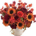 Mixed 5 Pcs Fall Artificial Sunflower Peony Bouquet, Burnt Orange Burgundy Silk Faux Flower, Autumn Faux Floral