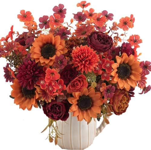Mixed 5 Pcs Fall Artificial Sunflower Peony Bouquet, Burnt Orange Burgundy Silk Faux Flower, Autumn Faux Floral