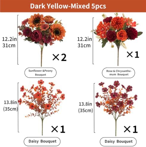 Mixed 5 Pcs Fall Artificial Sunflower Peony Bouquet, Burnt Orange Burgundy Silk Faux Flower, Autumn Faux Floral, alternate