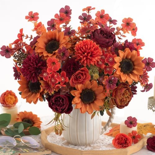 Mixed 5 Pcs Fall Artificial Sunflower Peony Bouquet, Burnt Orange Burgundy Silk Faux Flower, Autumn Faux Floral, alternate