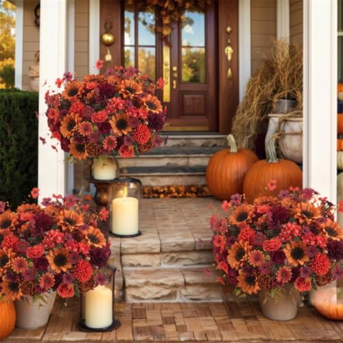 Mixed 5 Pcs Fall Artificial Sunflower Peony Bouquet, Burnt Orange Burgundy Silk Faux Flower, Autumn Faux Floral, alternate