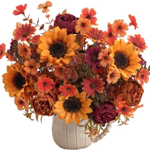 Mixed 5 Pcs Fall Artificial Sunflower Peony Bouquet, Yellow Burgundy Silk Faux Flower, Autumn Faux Floral
