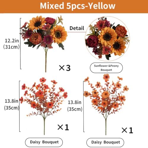Mixed 5 Pcs Fall Artificial Sunflower Peony Bouquet, Yellow Burgundy Silk Faux Flower, Autumn Faux Floral, alternate view 2
