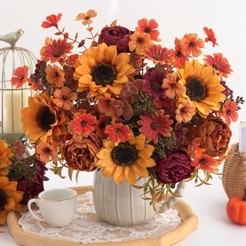 Mixed 5 Pcs Fall Artificial Sunflower Peony Bouquet, Yellow Burgundy Silk Faux Flower, Autumn Faux Floral, alternate view 3