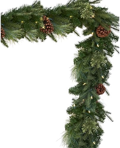 Mixed Evergreen Christmas Garland - Traditional Greenery Garland with Battery-Operated LED Clear Lights