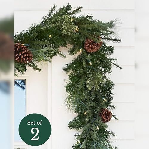 Mixed Evergreen Christmas Garland - Traditional Greenery Garland with Battery-Operated LED Clear Lights, alternate view 3