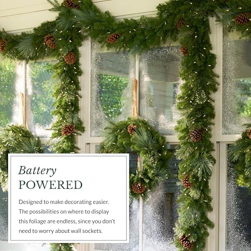 Mixed Evergreen Christmas Garland - Traditional Greenery Garland with Battery-Operated LED Clear Lights, alternate view 6