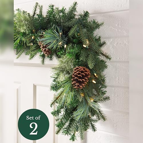 Mixed Evergreen Christmas Garland - Traditional Greenery Garland with Battery-Operated LED Clear Lights, alternate view 3
