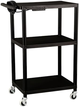 Mobile Utility AV Cart with Power Strip and Casters, Rolling Presentation and Media Cart on Wheels, Black in