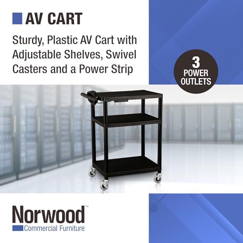 Mobile Utility AV Cart with Power Strip and Casters, Rolling Presentation and Media Cart on Wheels, Black in, alternate view