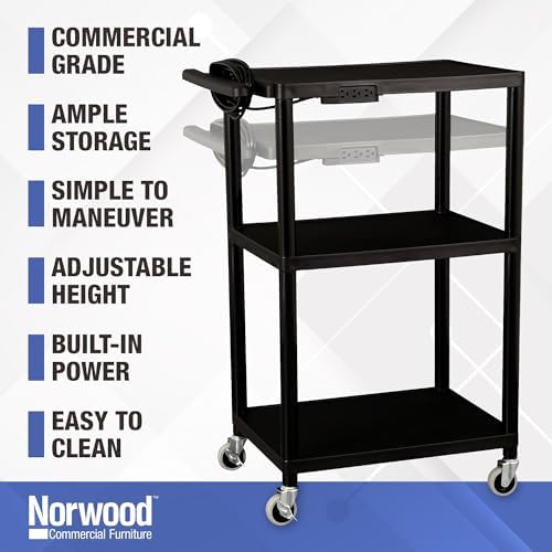 Mobile Utility AV Cart with Power Strip and Casters, Rolling Presentation and Media Cart on Wheels, Black in, alternate view